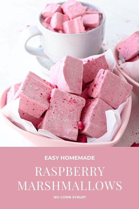 easy homemade marshmallows made with raspberry puree and freeze dried raspberries. this recipe for raspberry marshmallows uses no corn syrup! bouncy and full of flavor #marshmallows #homemademarshmallows Raspberry Marshmallows, Raspberry Puree, Homemade Marshmallow Recipe, Gourmet Marshmallow, Flavored Marshmallows, How To Make Marshmallows, Freeze Dried Raspberries, Dried Raspberries, Recipes With Marshmallows