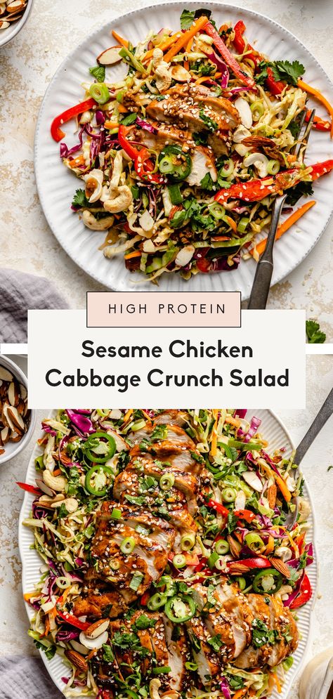 Cabbage Crunch Salad, Sesame Chicken Salad Recipe, Sesame Chicken Salad, Filling Salad Recipes, Chicken Cabbage, Sesame Ginger Dressing, Crunch Salad, Sesame Chicken Recipe, Chicken And Cabbage