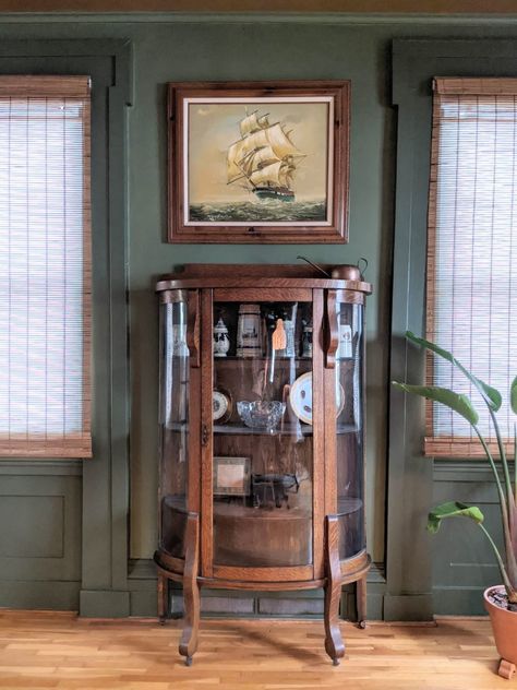 Antique Curio Cabinet Living Room, Curio Cabinet Living Room, Curio Cabinet Styling, Antique Curio Cabinet Bedroom, Antique Display Cabinet, Vintage Display Cabinet Farmhouse, Antique Corner Curio Cabinet, Living Room Hutch, Antique Curio Cabinet