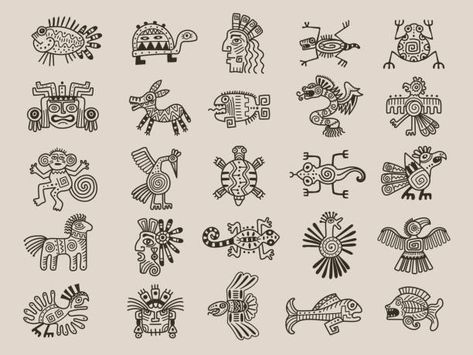 Aztec Animal Art, Aztec Symbol Tattoo, Mexican Folk Tattoo, Azteca Drawing, Aztec Symbols Tattoo, Maya Tattoo Mayan Symbols, Colombian Symbols, Aztec Doodles, Mexican Symbols Tattoo