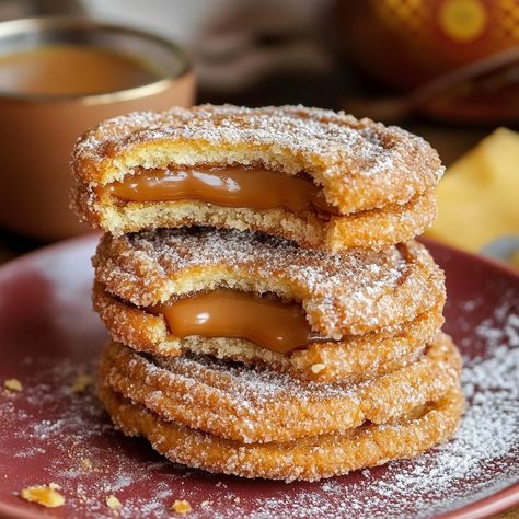 If you love the warm, cinnamon-sugar goodness of churros and the gooey decadence of caramel, then these Churro Cookies Filled with Caramel are going to steal your heart. Imagine a Cinnamon Sugar Churro Cookies, Churros Cookies Recipe, Gourmet Cookie Flavors, Caramel Stuffed Cookies, Boozy Cookies, Gourmet Cookie Recipes, Churros Cookies, Churro Bar, Sugar Cookie Bites