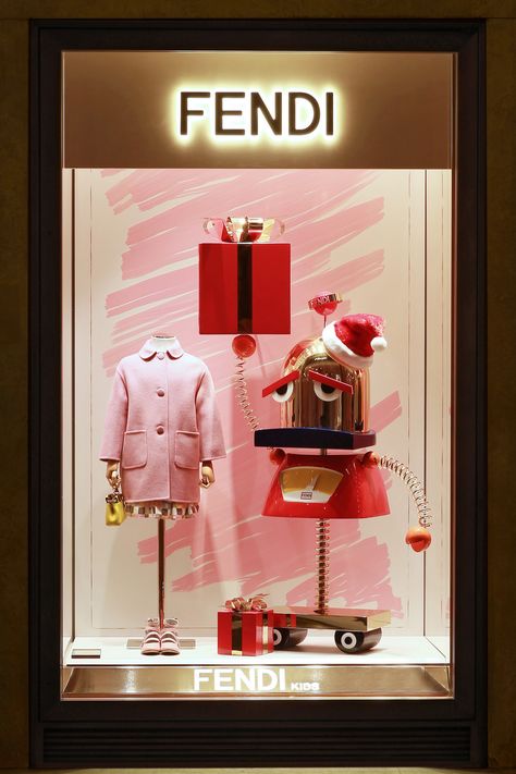 FENDI, Rome, Italy, "A pop of color and fun takes over the windows at Palazzo Fendi in Rome with the festive prints of the Fendi Kids Fall/Winter collection", pinned by Ton van der Veer Lingerie Store Design, Fashion Window Display, Window Display Retail, Visual Merchandising Displays, Window Display Design, Fendi Kids, Retail Inspiration, Retail Store Design, Boutique Interior