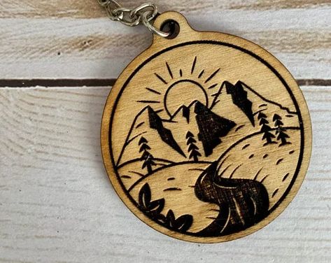 Camping Keychain | Gift for Dad | Camping Accessories | Into the Woods I go | Sunrise Keychain | Outdoor Keychain | PNW keychain Wood Burn Keychain, Wood Burning Keychain, Woodburning Keychains, Woodburn Keychain, Wood Burning Keychain Ideas, Pyrography Keychain, Wood Keychain Ideas, Camping Keychain, Real Estate Gifts