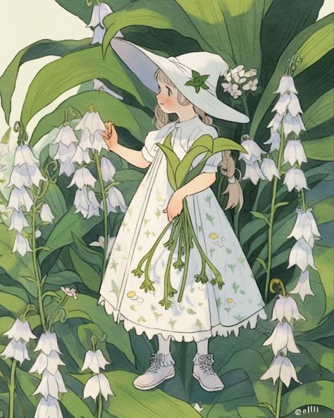 Fairy Lily Of The Valley, Lily Of The Valley Character Design, Picking Flowers Drawing, Fairy On Flower, Ghibli Flowers, Snowdrop Fairy, Lily Of The Valley Drawing, Flower Fairy Art, Lily Of The Valley Art