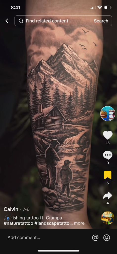 Tattoo Ideas For Men Farmer, Hunting Shoulder Tattoos For Guys, Mens Wilderness Tattoo, Southern Arm Tattoos, Outdoor Theme Tattoo Sleeve, Genesis 27:3 Tattoo, Men Country Tattoos, Hunting Scene Tattoo, Hunting Inspired Tattoos