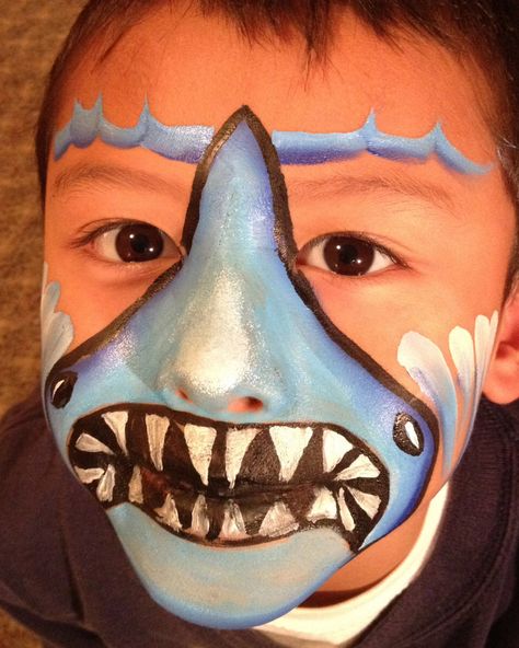 Shark Shark Face Paint, Shark Makeup, 1960s Halloween, Face Painting For Boys, Sea Dolphin, Shark Craft, Shark Tail, Cheek Art, Face Painting Easy