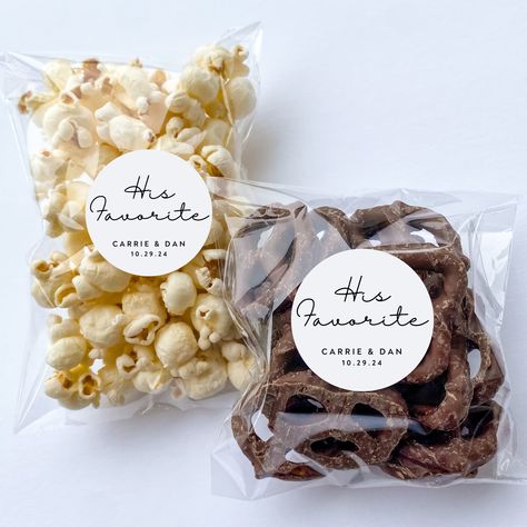 Dessert Table Favors, His And Hers Candy Favors, Wedding Favor Edible, His And Her Fav Candy Wedding, Candy Wedding Favours, Make Your Own Wedding Food, His And Hers Favorite Wedding Favors, Snack Favors Wedding, Wedding Favors Guests Actually Want