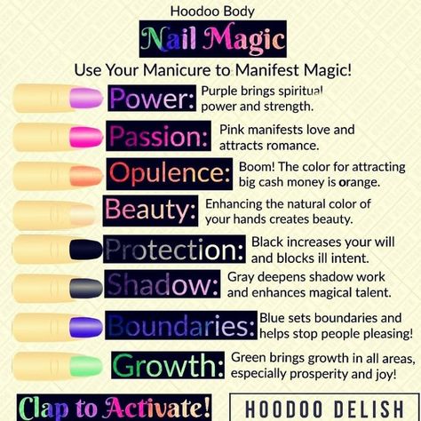 Nail Colors For Manifesting, Witch Nail Color Meaning, What Nail Colors Mean, Nail Color Magick, Nail Shape Meaning, Nail Magic Witch, Colorful Witchy Nails, Acrylic Nail Designs Spiritual, Nail Color Manifestation