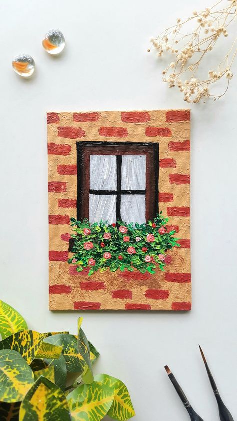 Aesthetic Home Painting Ideas, Easy House Painting On Canvas, Easy Home Paintings On Canvas, Small Rectangle Painting Ideas, 14x18 Canvas Painting Ideas, Canvas Tutorial Painting, Canvas Paper Painting Ideas, 5x5 Painting Ideas, 6x6 Painting Ideas