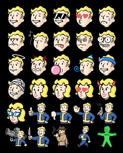 The faces of vault boy and vault girl! Fallout Pip Boy, Vault Girl Fallout Art, Pip Boy Wallpaper, Vault Boy Tattoo, Pipboy Fallout, Pip Boy Fallout, Fallout Drawings, Fallout Character Art, Fallout Vault Girl