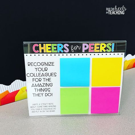 CHEERS FOR PEERS! I’m so excited for our staff to be recognized for all the great things they do every day at our school! This is just like… Staff Check In Ideas, Employee Compliment Board, Staff Encouragement Bulletin Boards, Staff Shout Out Bulletin Board, Staff Shout Out Board, Staff Shout Outs, Kudos Board, Staff Bulletin Boards, Morale Ideas