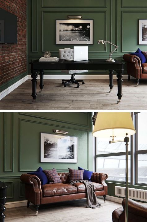 English Style Office, Before And After Home Decor, Green Chesterfield, English Interior Design, Before And After Home, Leather Couches, Cabinet Office, English Interior, Office Space Design