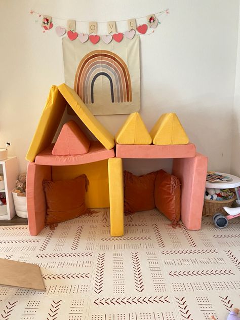 Two nugget builds Two Nugget Builds Slide, Playroom Ideas With Nugget, Nugget House Build, Two Nugget Builds, Nugget Playroom, Joey Builds, Nugget Creations, 1 Nugget Couch Ideas, Nugget Configurations