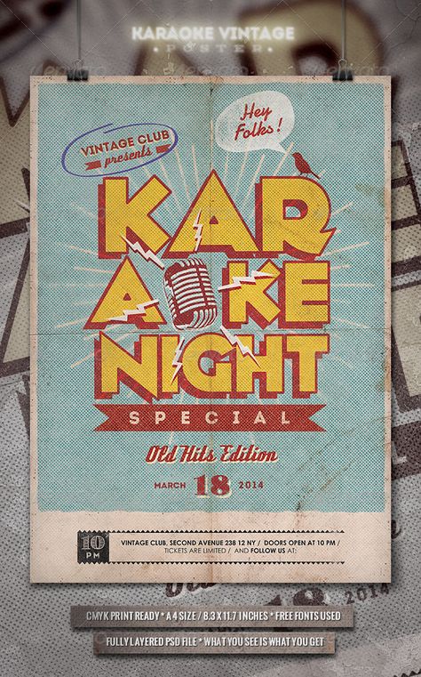 Live Music Poster, Karaoke Night, Festival Flyer, Club Poster, Vintage Poster Design, Psd Flyer Templates, Rock Rock, Music Party, Vintage Graphic Design