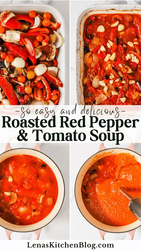 This Roasted Red Pepper and Tomato Soup is ultra-cozy, comforting, and warming! Featuring sweet roasted tomatoes, smoky red peppers, and savory seasonings, it’s the perfect grilled cheese pairing. Top it with a swirl of cream and fresh basil for a nourishing and satisfying meal! Red Pepper Tomato Soup Crock Pot, Roasted Tomatoe Soup Oven, Roasted Peppers And Tomato Soup, Roasted Tomato And Squash Soup, Tomato Soup Oven Roasted, Tomato Soup With Roasted Veggies, Soup With Tomatoes In It, Healthy Homemade Tomato Soup, Roasted Cherry Tomato Soup Recipes