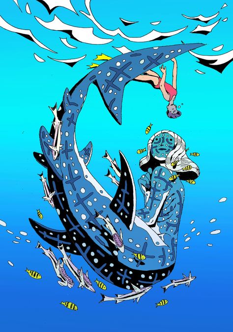 whale shark + remora, salamispots on tumblr Whale Shark Mermaid, Types Of Mermaids, Mermaid Oc, Shark Mermaid, Shark Drawing, Creepy Monster, Mermaid Sticker, Really Cool Drawings, Shark Tattoos