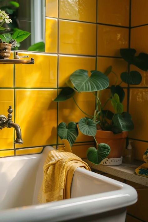 How To Decorate A Vintage Yellow Tile Bathroom: Retro Styling Bathroom With Yellow Tile, 70s Yellow Bathroom, Yellow Wall Bathroom, Yellow Tiles Bathroom, Vintage Yellow Tile Bathroom, Small Yellow Bathroom, Yellow Tile Bathroom Ideas, Yellow Bathroom Ideas, Yellow Tile Bathroom