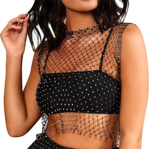 FlyCC Women Sexy Mesh Tank Tops Rhinestone Glitter See Through Hollow Out Crop Tops for Rave,Party,Clubwear at Amazon Women’s Clothing store