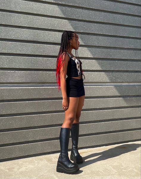 2000’s outfit 90’s baddie demonias shaker 100 demonia yesstyle shein red hair knotless box braids black girl fashion aesthetic silver jewelry Baddie Red Outfits, Demonia Shaker 100 Outfit, Outfits With Demonia Boots, Knotless Box Braids Black, Demonia Boots Outfit, Demonia Shaker 100, Demonia Outfit, Aesthetic Silver Jewelry, 2000’s Outfit