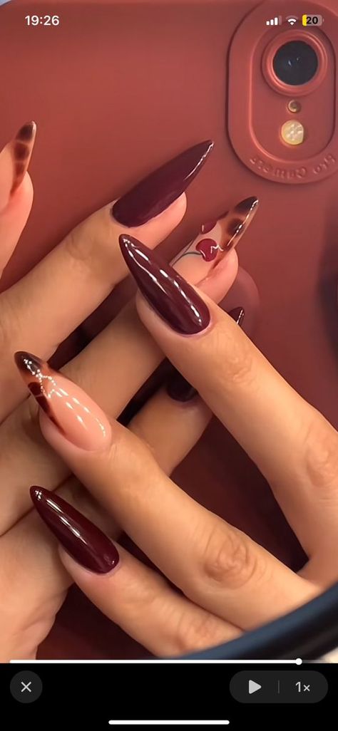 Maroon Leopard Nails, Fall Nails Cherry Mocha, Fall Acrylic Nails Burgundy, Almond Cherry Mocha Nails, Brown Glam Nails, Wine Red Christmas Nails, Red Wine Nails Acrylic, Oval Burgundy Nails, Burgundy Christmas Nail Ideas