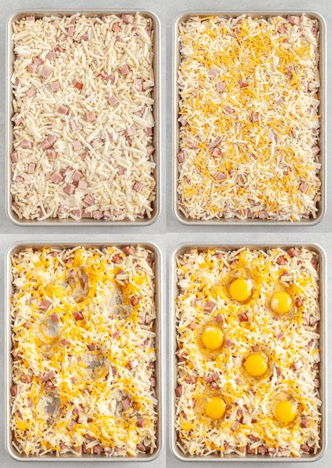 This Sheet Pan Breakfast Bake has everything you need for a tasty breakfast all on a single sheet pan! Eggs, hash browns, cheese, and ham! Sheet Pan Egg Meal Prep, Sheet Pan Egg In A Hole, One Sheet Pan Breakfast, Sheet Pan Eggs And Hashbrowns, Breakfast Casserole 9x9 Pan, Sheet Pan Hashbrown Breakfast Bake, Eggs On Cookie Sheet In Oven, Sheet Pan Eggs Breakfast, Frugal Breakfast Ideas