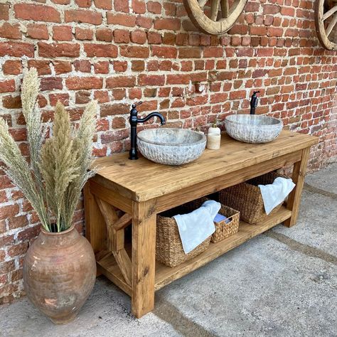 Outdoor Bathroom Vanity, Home Made Bathroom Vanity, Cedar Vanity Bathroom, Diy Bathroom Vanity Plans How To Build, Diy Double Vanity Bathroom, Rustic Vanity Ideas Bedroom, Wood Countertops Bathroom, Homemade Bathroom Vanity, Farmhouse Double Sink