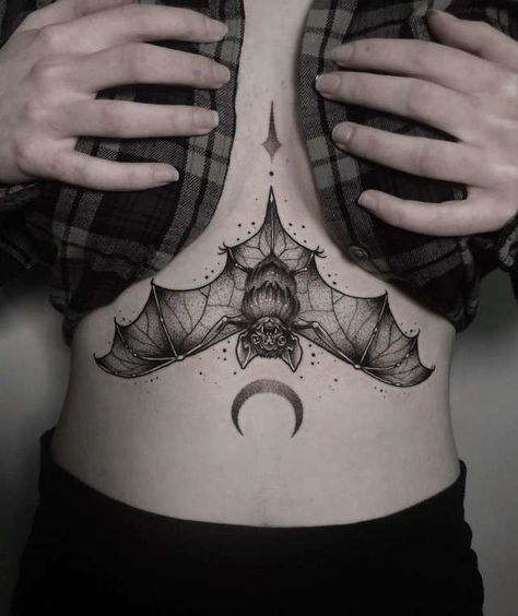 Black Hip Tattoo, Feminine Stomach Tattoos, Bats Tattoo Design, Underboob Tattoo Designs, Belly Tattoos, Goth Tattoo, Underboob Tattoo, Bat Tattoo, Chest Tattoos For Women