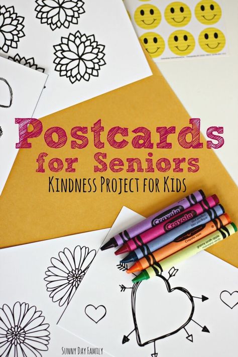 Make and mail postcards to seniors - a wonderful kindness project for kids! Use the free printable cards to color and decorate your own postcards to send to seniors. Service Learning Projects, Service Projects For Kids, Community Service Ideas, Kindness Projects, Mission Projects, Community Service Projects, Service Club, Printable Postcards, Kindness Activities