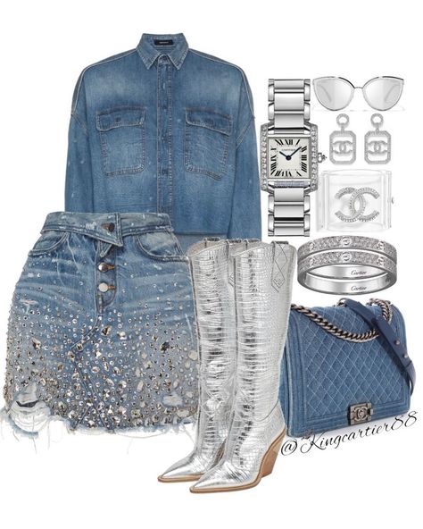 Confessions Of Cartier Denim Party Outfit, Denim And Diamonds Party Outfit, Demin Outfit, Diamonds And Denim Party, Kawaii Clothes Goth, Beyonce Concert Outfit, Pearl Outfit, Diamond Clothing, Denim And Pearls