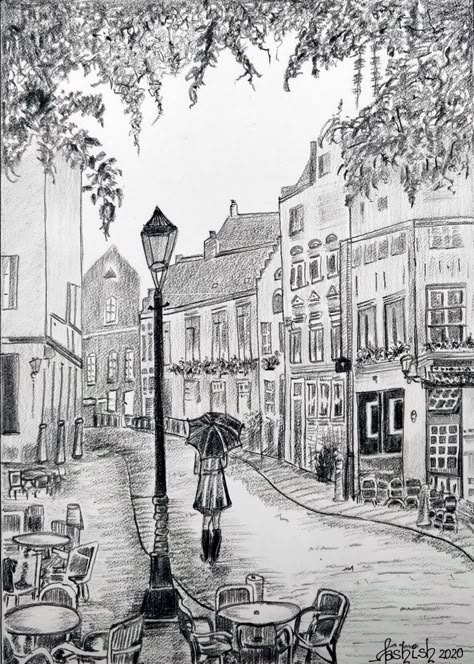 Draw Love, Landscape Pencil Drawings, Drawing Scenery, Pen Art Work, Pen Art Drawings, Landscape Sketch, Architecture Design Drawing, Cool Pencil Drawings, City Drawing