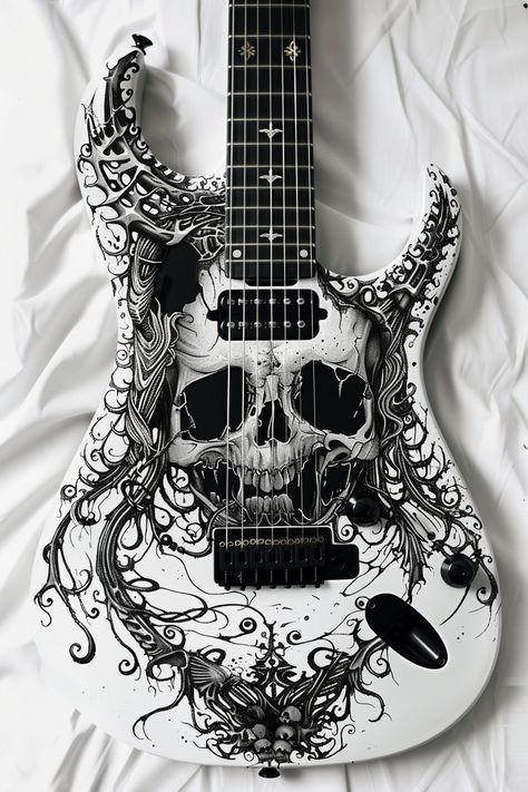 Guitar Design Inspired by the Devil Cool Electric Guitars Aesthetic, Unique Guitars Design, White Guitar Aesthetic, Guitar Design Art, Cute Electric Guitar, Electric Guitar Drawing, Electric Guitar Aesthetic, White Electric Guitar, Guitar Aesthetic