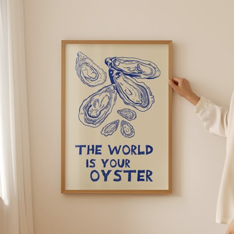 The World Is Your Oyster Wall Art Oysters Poster Trendy Kitchen Decor Retro Print Modern Kitchen Art Seafood Art Print Printable Wall Art Trendy Coastal Decor, Oyster Wall Decor, Art Prints For Kitchen, The World Is Your Oyster Print, Oyster Wall Art, Kitchen Paintings Art Wall Decor, Kitchen Wall Art Ideas, Oyster Wall, Trendy Kitchen Decor