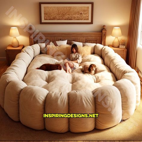 These Giant Dog Beds for Humans Offer a Plush Retreat for You and Your Pooches Dogs In Bedroom, Human Sized Dog Bed, Giant Round Bed, Dogs Beds Ideas, Dog Bed Next To Human Bed, Pet Beds Diy, Dog Bedroom Ideas, Dog Bedroom Decor, Giant Dog Bed