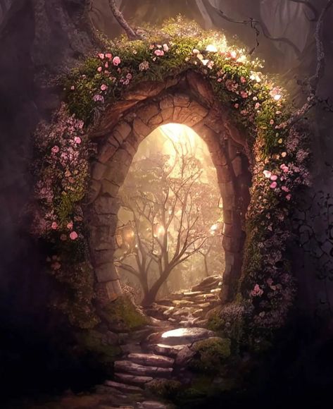 Fantasy Spring Landscape, Secret Garden Door Tattoo, Magic Door Fantasy Portal, Fantasy Gateway, Fairytale Mirror, Fairy Portal, Magic Realms, Underwater Art, Magic Forest