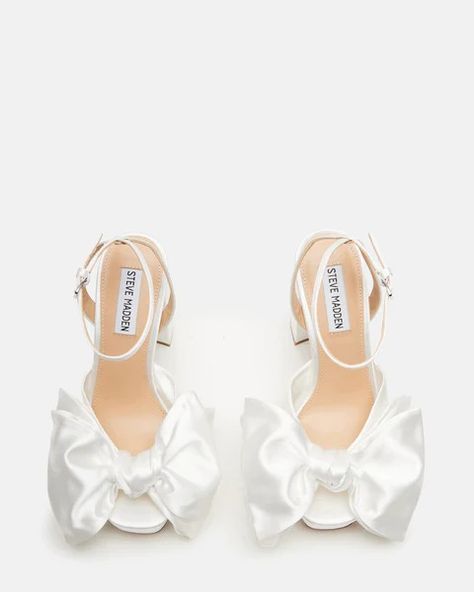 LIVELY White Satin Bow Detailed Platform Heel | Women's Heels – Steve Madden Heels For Graduation White Dress, Steve Madden Wedding Heels, Steve Madden White Heels, White Strap Heels, Hoco Shoes, Platform Wedding Shoes, Graduation Heels, Heels With Bows, Heels Fun