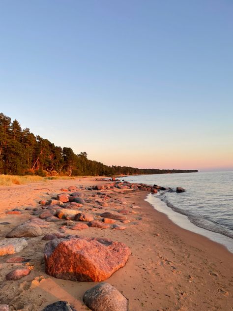 quiet photo // empty beach // golden hour // sunset // sandy beach // forest // baltic sea // vidzeme // latvia // salacgriva // aesthetic Beach Golden Hour, Media Coursework, Coastal Forest, Beach Forest, Medium Format Photography, Scene Ideas, Future Aesthetic, Forest Beach, Golden Hour Sunset