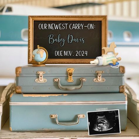 Demo link: https://www.corjl.com/d/108M02 Embrace the joy of welcoming your baby with a travel theme twist! Share the exciting news that "our newest carry-on" is on the way with this travel adventure baby announcement. This airplane passport pregnancy announcement is also digital, self-editing, gender neutral, and a perfect for vintage suitcase lovers. Enjoy! Please be aware that you will NOT receive a physical copy of the photo via mail. This is a square 10.66 x 10.66-inch digital image that yo Flight Baby Shower Theme, Travel Gender Reveal, Plane Gender Reveal, Vintage Baby Announcement, Travel Theme Maternity Shoot, Airplane Themed Baby Shower Ideas, Travel Baby Announcement, Adventure Begins Baby Shower Ideas, Airplane Gender Reveal Ideas