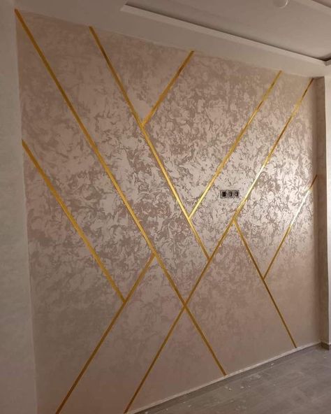 Texture For Hall Wall, Celling Paintings Bedroom, Hall Textured Wall Design, Salon Logo Wall, Pvc Panel Wall Design, Living Hall Wall Painting Ideas, Pvc Wall Panels Designs, Blue And Gold Bedroom, Gold Accent Wall