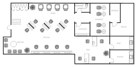 I think this design is interesting. I like the way the tables are set up. Although, since this is going to be a nail salon, the hair dryers could be the nail drying station, the chairs in the middle could be for manicures and the room in the back where the shampooing is could be where the pedicures take place. Nail Salon Design, Salon Floor Plan, Salon Layout, Botanical Interior, Dream Salon, Hairdresser Salon, Hair Salon Design, Hair Salon Interior, Hair And Nail Salon