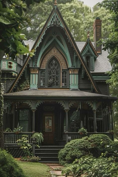 Gothic Interior Design Victorian, Old Interior Design, Gothic House Plans, Gothic House Exterior, Moody Cottage, Gothic Victorian Homes, Victorian Gothic House, Gothic Victorian House, Victorian Gothic Decor