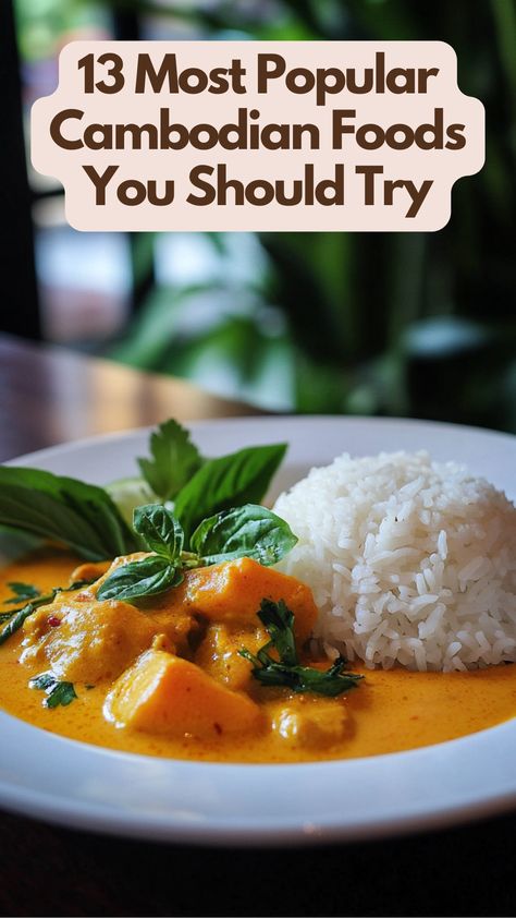 A plate of traditional Cambodian Amok curry served with steamed rice and fresh herbs, showcasing vibrant colors and rich flavors. Cambodia Food Recipes, Cambodian Food Kaw, Cambodian Appetizers, Cambodian Food Traditional, Cambodian Dishes, Cambodian Recipes, Cambodia Food, Cambodian Food, Thai Foods