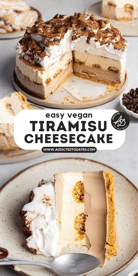 Vegan Tiramisu Cheesecake - Addicted to Dates Vegan No Bake Cheesecake, Dairy Free Tiramisu, Cheesecake Delight, Tiramisu Cheesecake, Vegan Tiramisu, Vanilla Rum, Vegan Cheesecake Recipe, Vegan Baking Recipes, Vegan Cheesecake