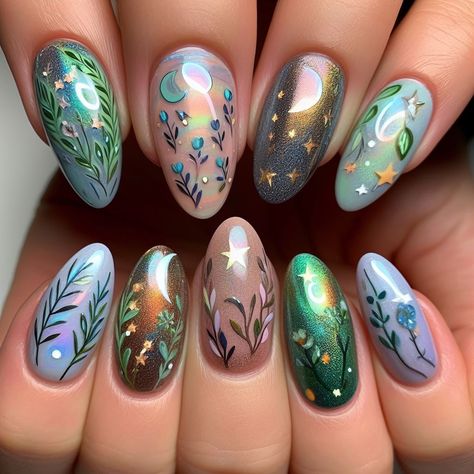 Nature Inspired Acrylic Nails, Short Cottagecore Nails, Nature Nails Aesthetic, Alt Spring Nails, Imbolc Nails, Ren Fair Nails, Ostara Nail Art, Earth Sign Nails, Spring Equinox Nails