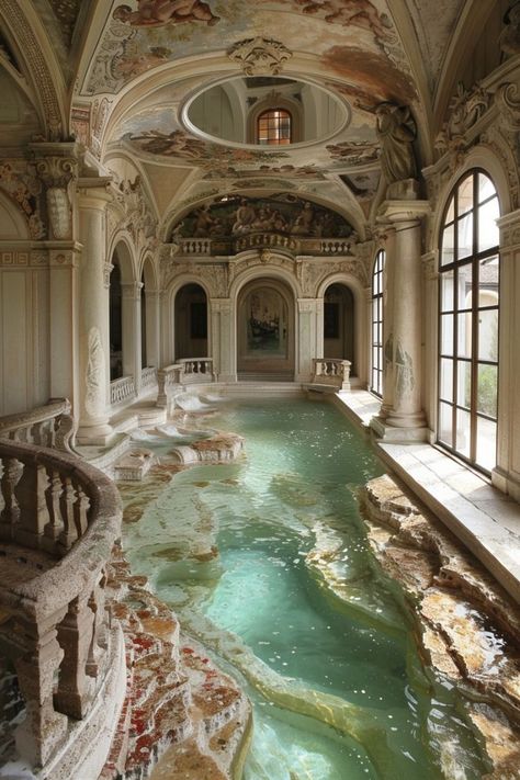 Castle Vibes House, Secret Doorways In Houses, Castle Pool Aesthetic, Castle Secret Passageways, Old Greek House Interior, Beautiful Castles Interior, Mediterranean Castle Aesthetic, Dream Home Features, Castle Home Interior