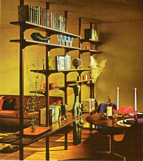 From Practical Encyclopedia of Good Decorating and Home Improvement. -sandiv999/flickr Stolmen Ikea, 1960s Interior Design, Mid Century Room Divider, 1960s Interior, 60s Interior, Mid Century Bookcase, 70s Interior, Wooden Room Dividers, Wooden Room