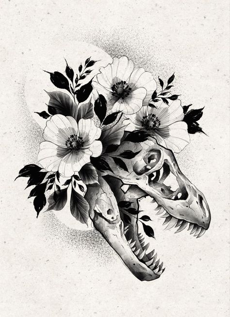 Trex Skull Tattoo Flowers, Mythical Forest Tattoo, Trex Skull Tattoo, Floral Dinosaur Tattoo, Dark Flowers Tattoo, Dinosaur Skull Tattoo, Trex Skull, Jurassic Park Tattoo, Cool Creatures