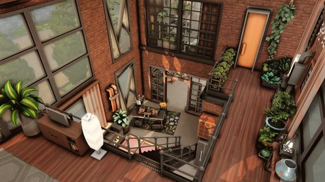 Converted Warehouse Home - The Sims 4 Rooms / Lots - CurseForge Loft Apartment Outside, Sims Penthouse Layout, Industrial Penthouse Sims 4, Sims 4 Loft Ideas, Industrial Sims 4 House, Industrial Home Sims 4, Sims 4 Apartment Exterior, The Sims 4 Apartment Building, Sims 4 Warehouse