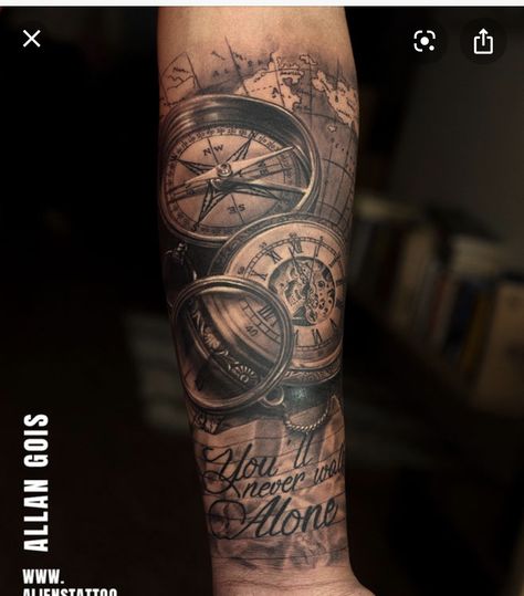 Travel Compass Tattoo, Tattoos Mountains, Tattoo Ideas Travel, Aliens Tattoo, Men Tattoo Ideas, Nautical Tattoo Sleeve, Compass Tattoos, Gear Tattoo, Stamp Tattoo