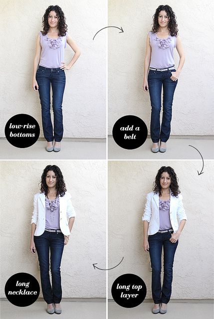 Tuck in for short-waisted girls. Short Waisted Fashion Tips, Short Waisted Outfits, How To Wear Belts, Petite Dressing, How To Wear Jeans, Fashion Style Tips, Mode Tips, Short Torso, Long Necklaces