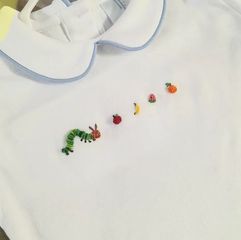 Clothes Embroidery Diy, Diy Embroidery Patterns, Baby Embroidery, Hand Embroidery Projects, Embroidery On Clothes, Cute Embroidery, Very Hungry, 자수 디자인, Sewing Embroidery Designs